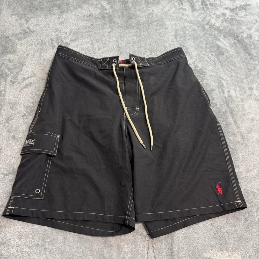 Polo Ralph Lauren Mens Black Board Shorts Swim Trunks Cargo Pocket Red Pony L